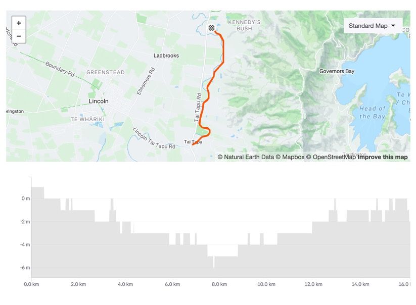 Tai Tapu 16 km route map and flat elevation profile